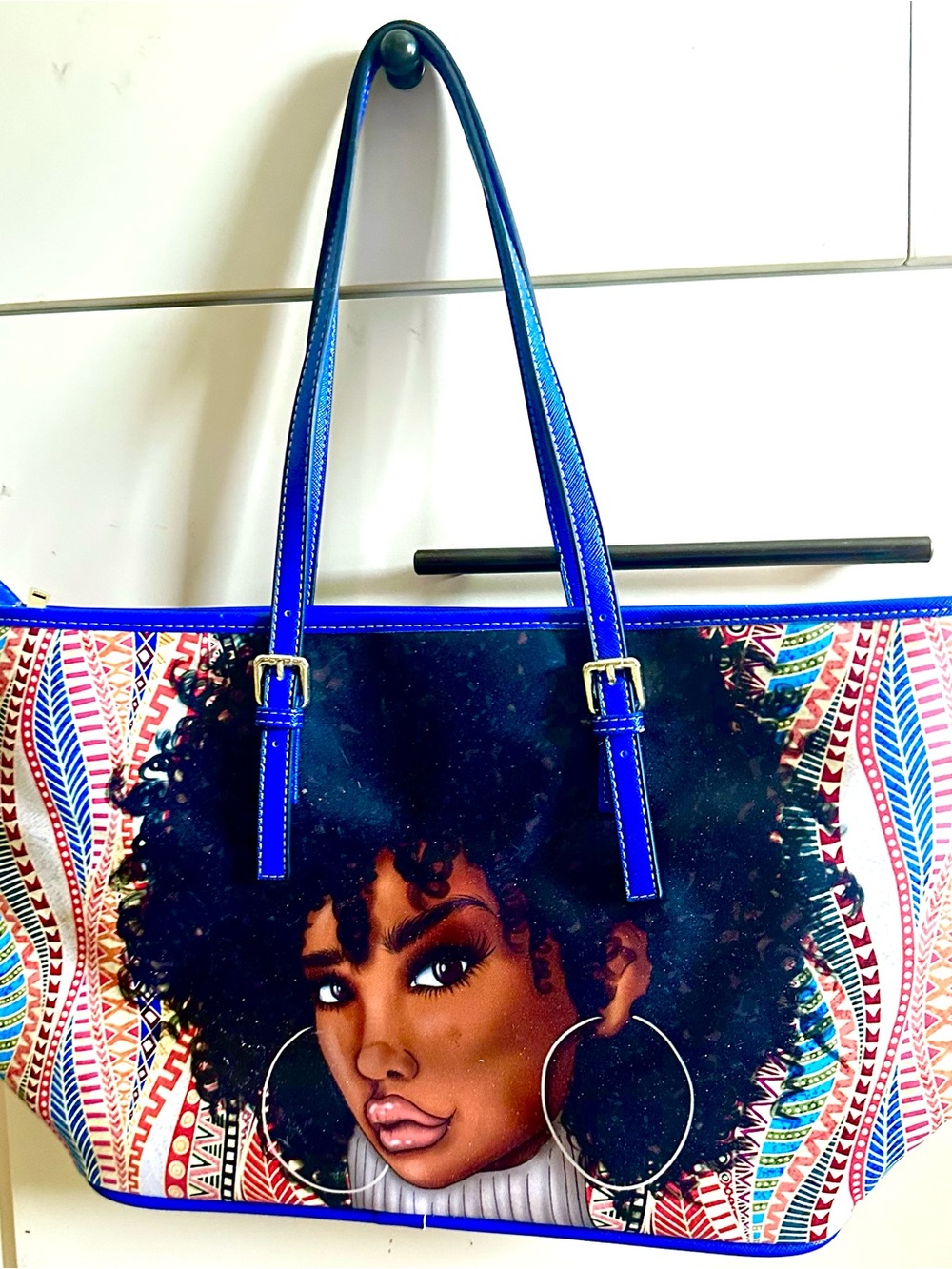 Blue Graphic Tote Bag with Afro Portrait
